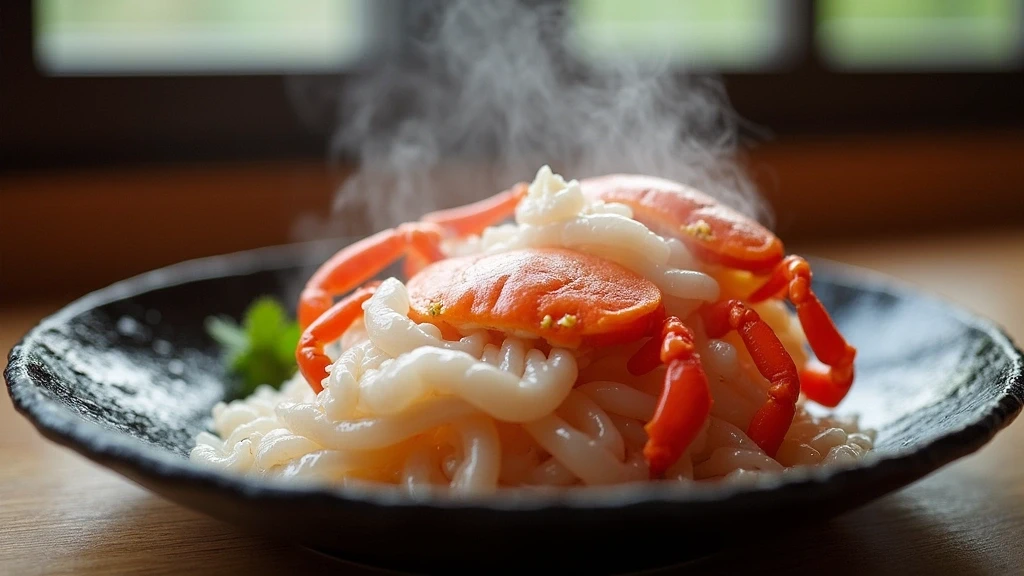 Kulinarische Aufnahme von Matsuba-Krebsen in einem Luxus-Ryokan in Kinosaki auf Lackgeschirr