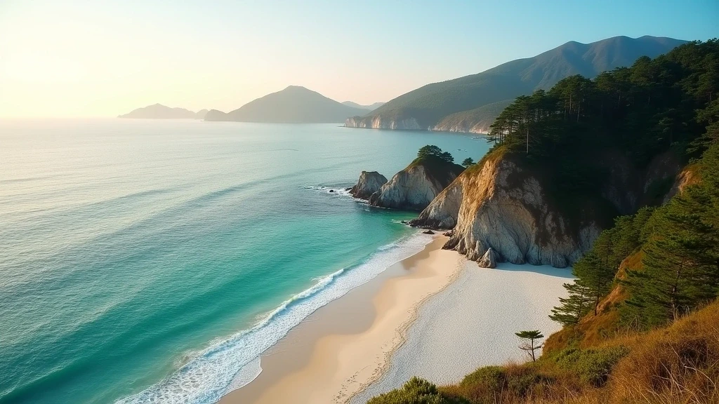 Panoramablick auf die Takeno-Küste in Kinosaki zur goldenen Stunde mit weißem Sandstrand