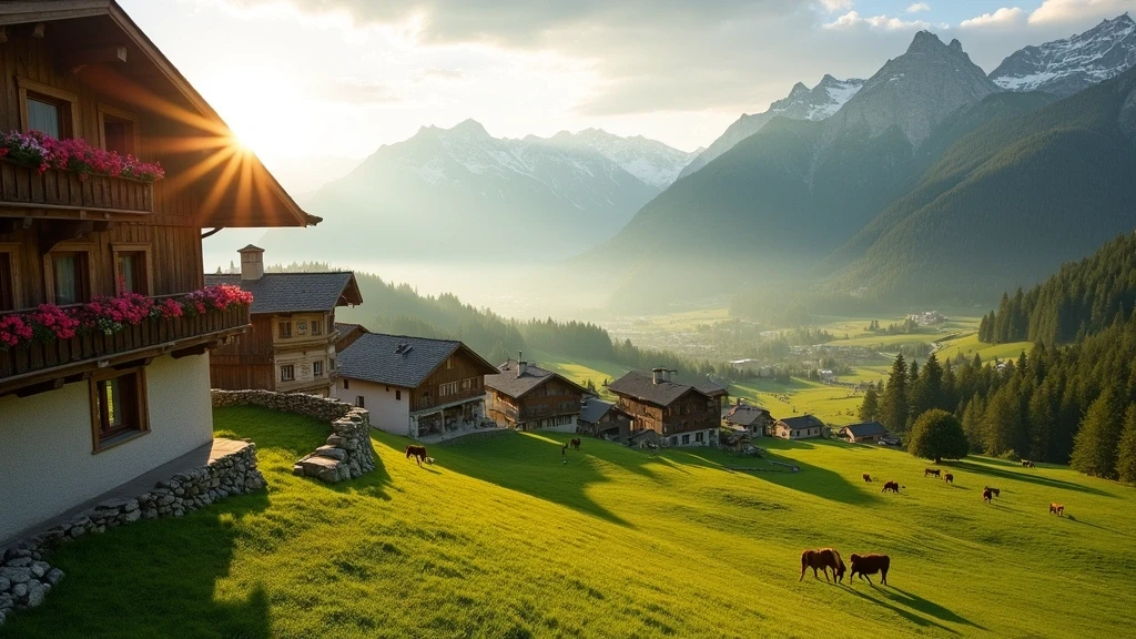 Goldene Stunde über den Kitzbüheler Alpen mit Almhuetten und Weiden in Österreich