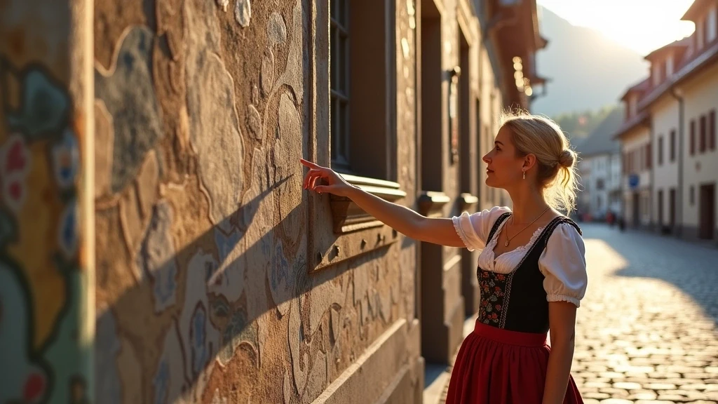 Lokale Führerin zeigt Fresken an historischem Gebäude in Kitzbühel Altstadt, Österreich