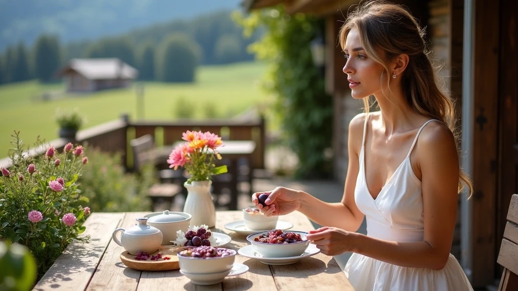 Elegante Frau genießt Kaiserschmarrn auf einer Almtterrasse in Kitzbühel, Österreich