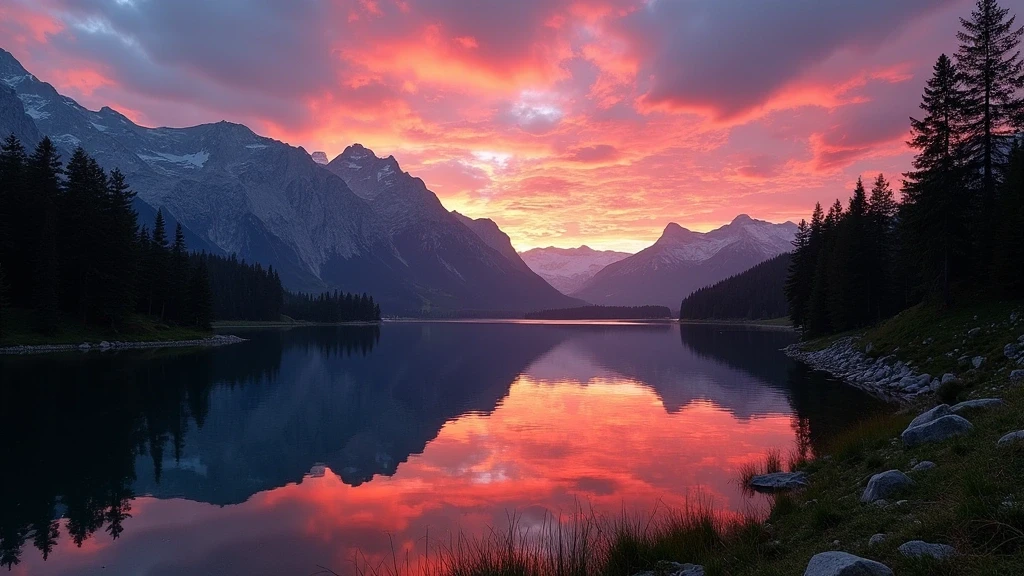 Sonnenuntergang über dem Wilder Kaiser Gebirge am Schwarzsee in Kitzbühel, Österreich