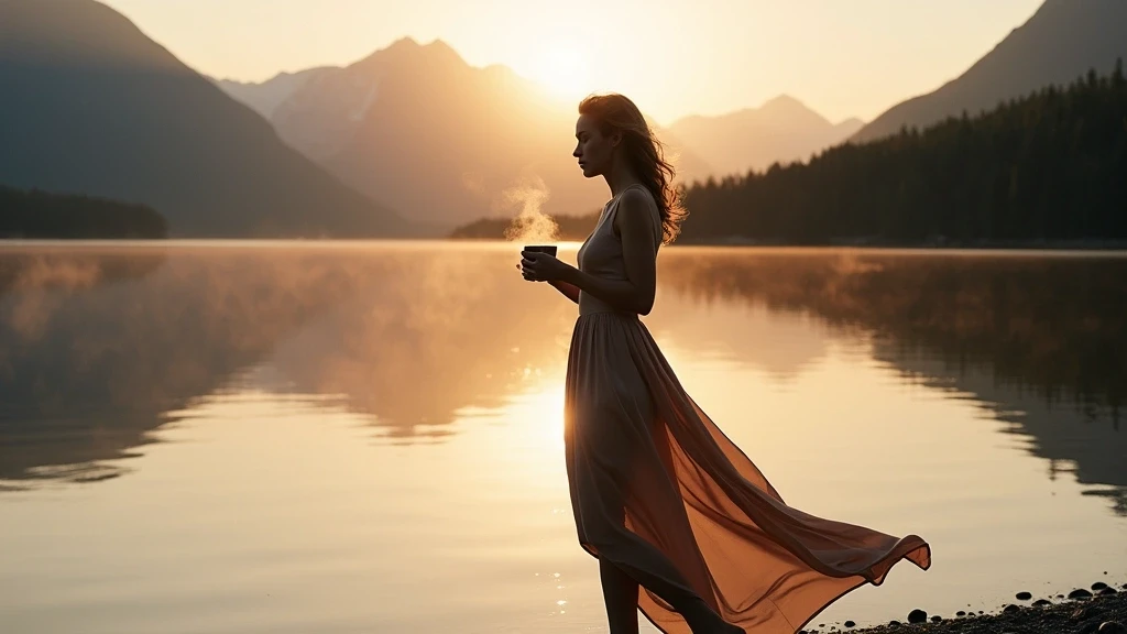 Elegante Frau am Kathleen See im Kluane Nationalpark bei Sonnenuntergang mit Tee