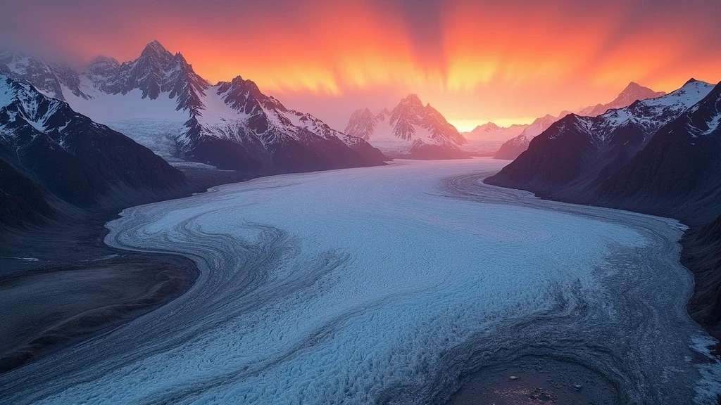 Sonnenuntergang ueber dem Kaskawulsh Gletscher im Kluane Nationalpark mit Mount Logan