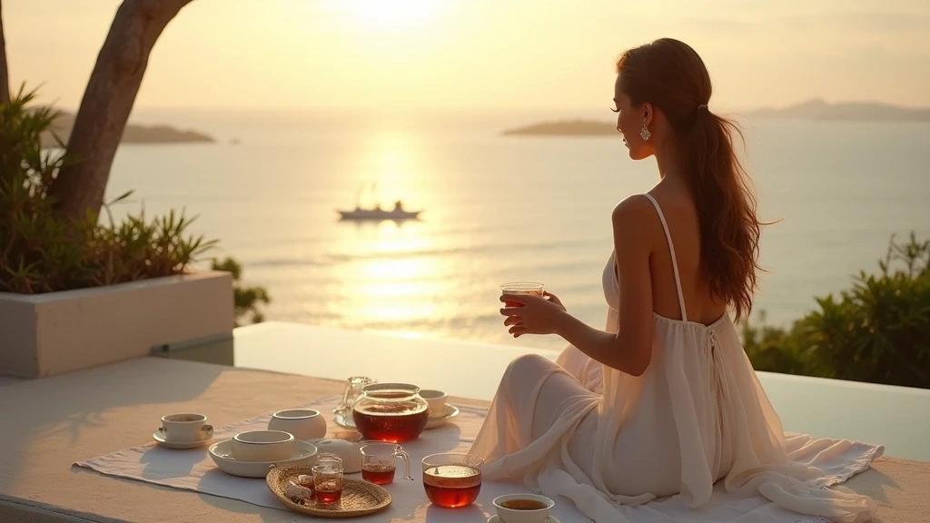 Elegante Frau bei traditioneller Thai-Teezeremonie auf einer Villa-Terrasse in Ko Samui