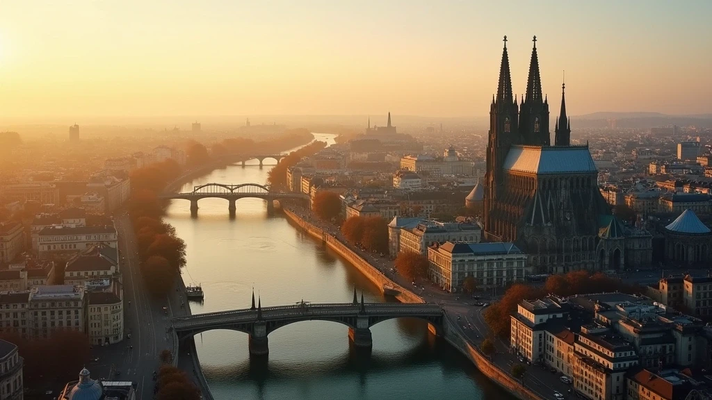 Luftaufnahme des Kölner Doms und des Rheins zur goldenen Stunde in Köln, Deutschland