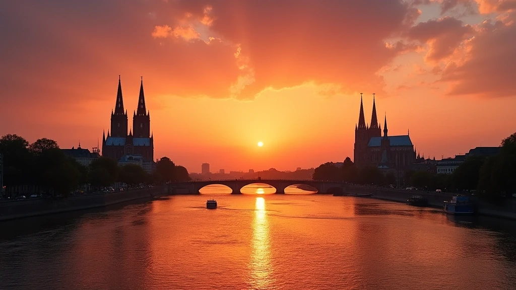 Sonnenuntergang über dem Rhein mit Kölner Dom-Silhouette in Köln, Deutschland