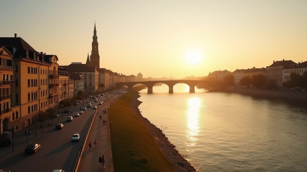Panoramablick auf die Rheinpromenade in Köln zur goldenen Stunde