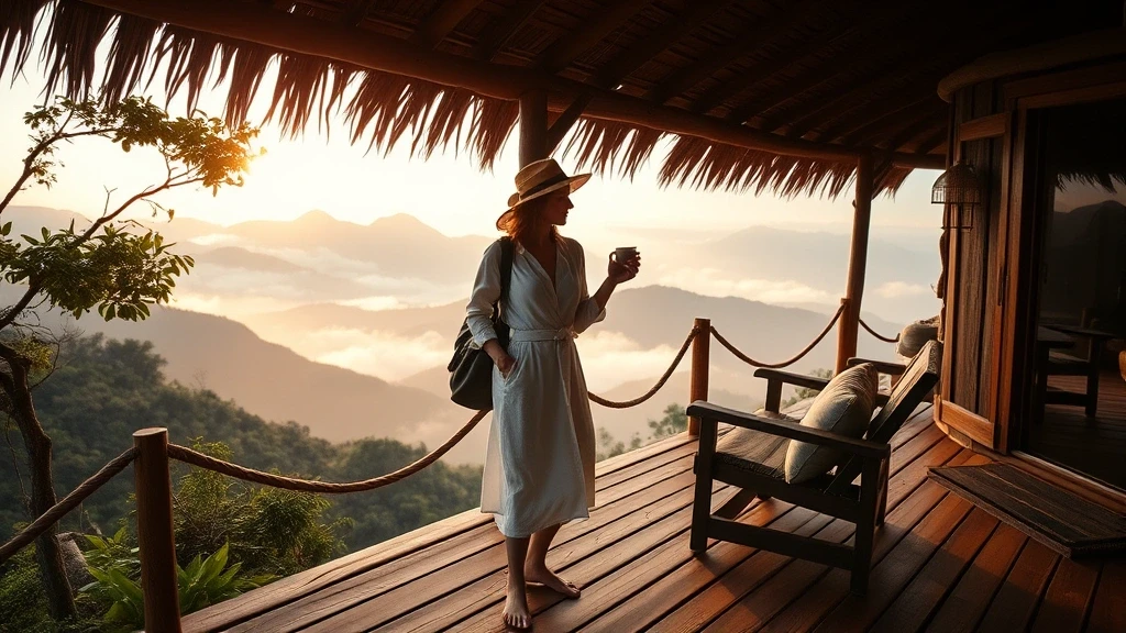 Elegante Reisende geniesst Kaffee auf einer Eco-Lodge Terrasse auf dem Kokoda Track
