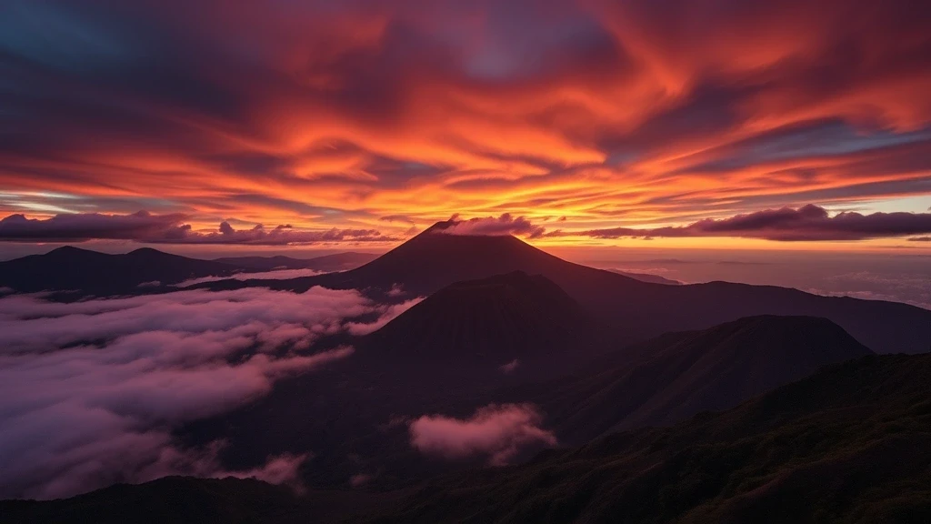 Sonnenuntergang ueber Mount Victoria auf dem Kokoda Track mit dramatischem Himmel