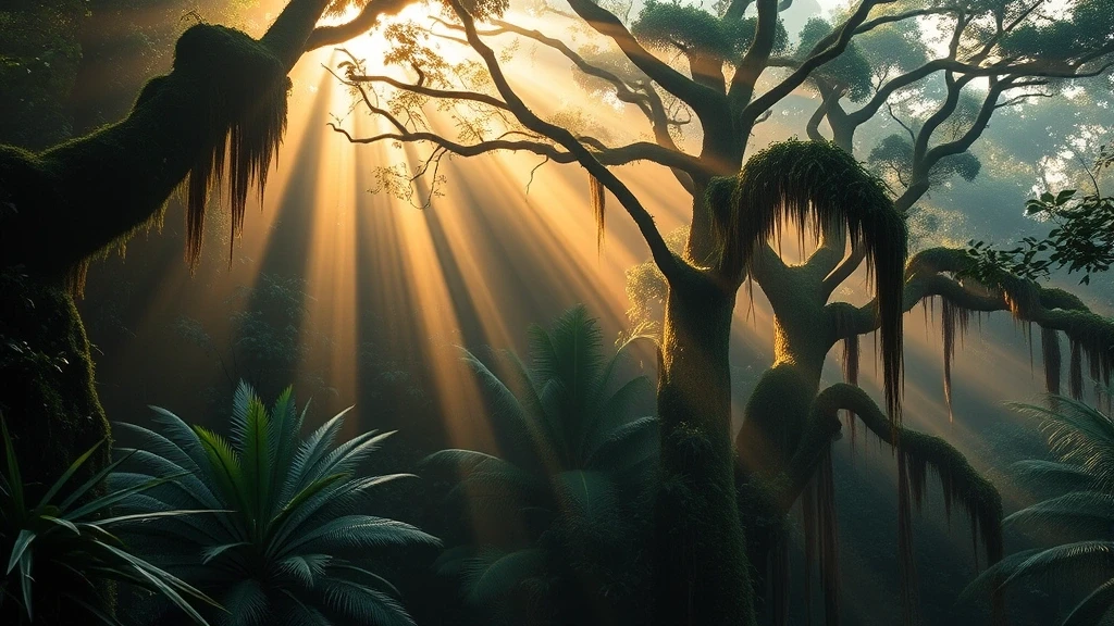 Goldenes Licht im dichten Regenwald des Kokoda Track mit Sonnenstrahlen und Nebel