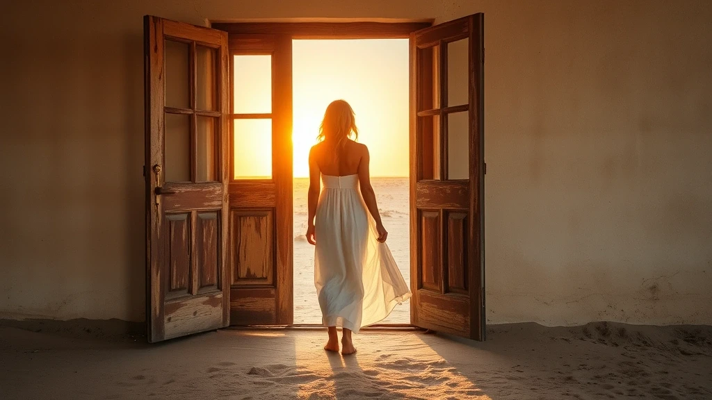 Elegante Frau in weissem Kleid in der Geisterstadt Kolmanskop bei Sonnenuntergang