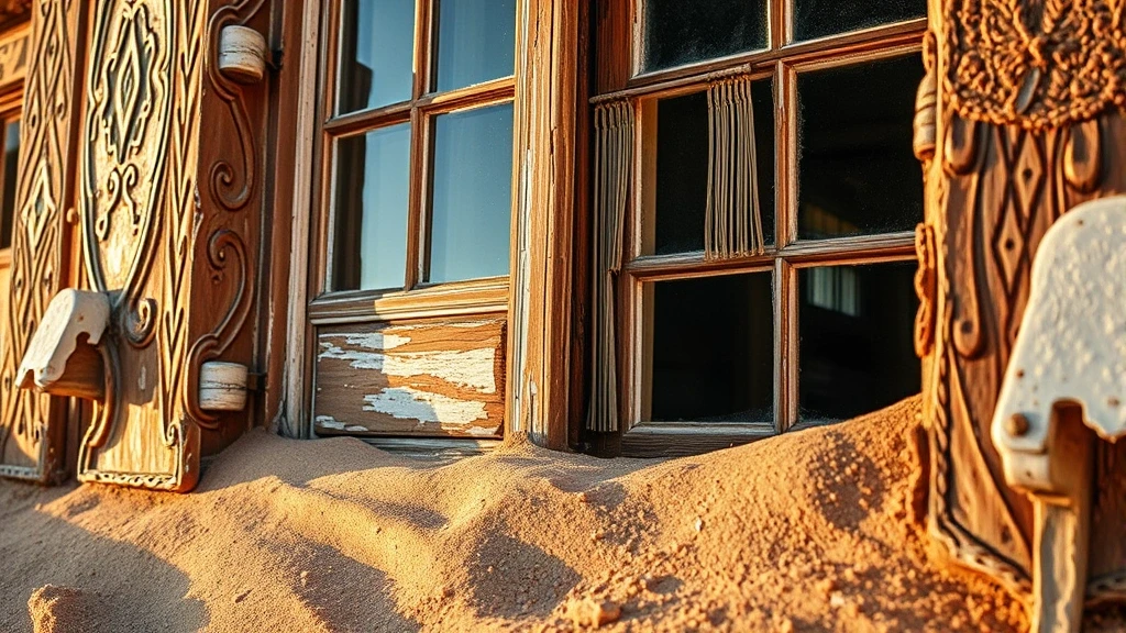 Detailaufnahme verwitterter deutscher Kolonialarchitektur in Kolmanskop, Namibia