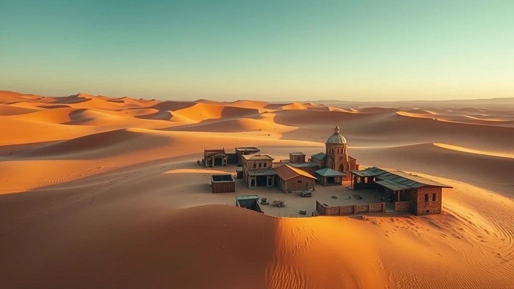 Luftaufnahme der verfallenen Geisterstadt Kolmanskop in der Namib-Wueste zur goldenen Stunde