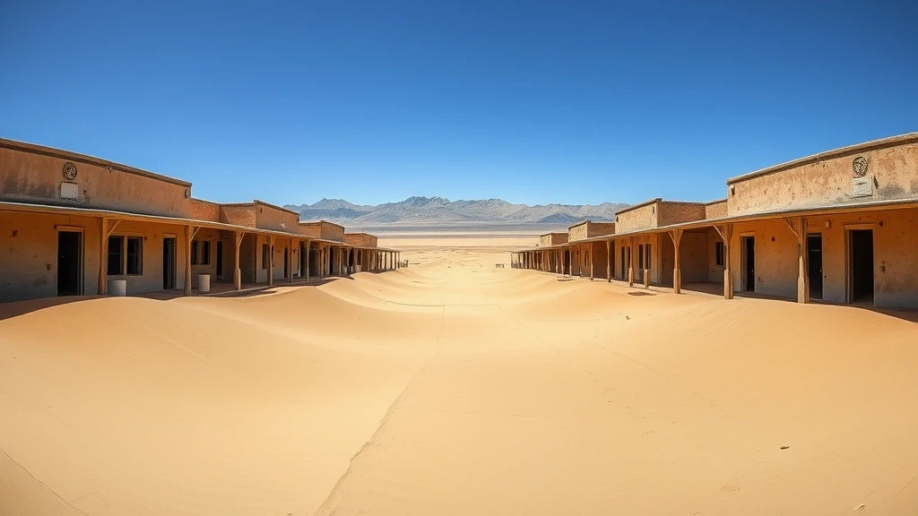 Panoramablick auf die sandgefuellten Strassen der Geisterstadt Kolmanskop in Namibia