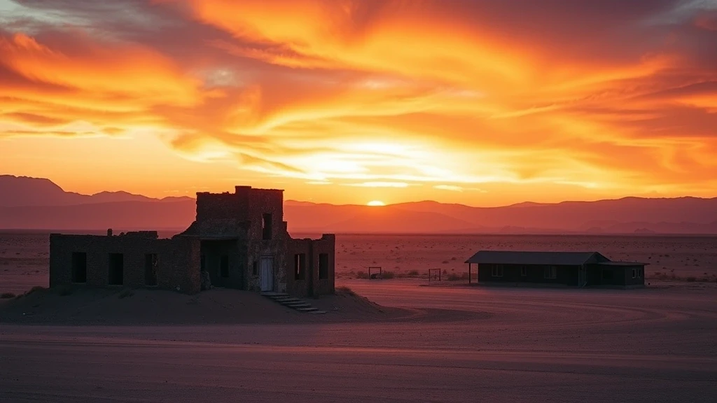 Dramatischer Sonnenuntergang ueber der Geisterstadt Kolmanskop in der Namib-Wueste