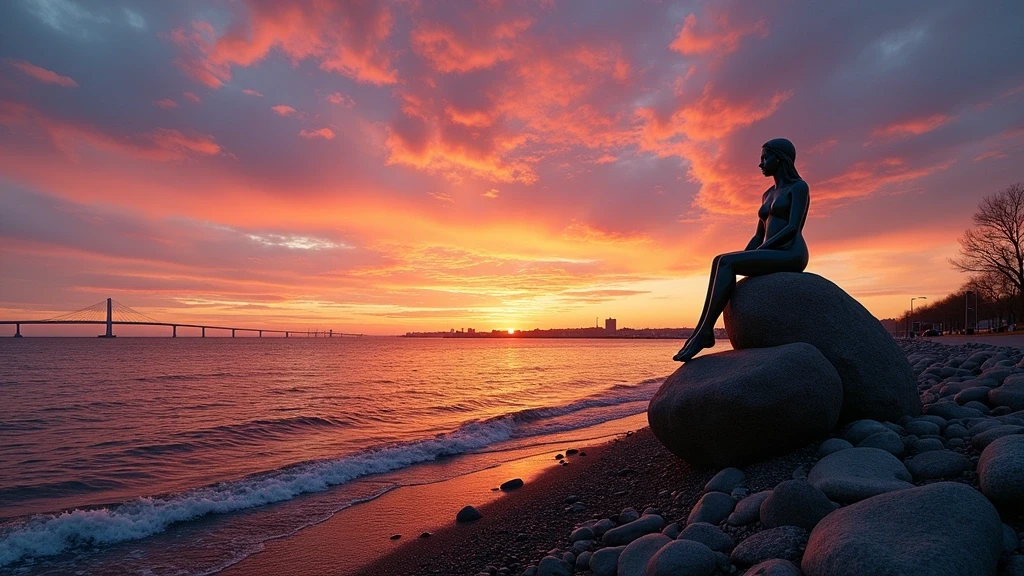 Kleine Meerjungfrau Statue in Kopenhagen bei Sonnenuntergang mit Oeresundbruecke
