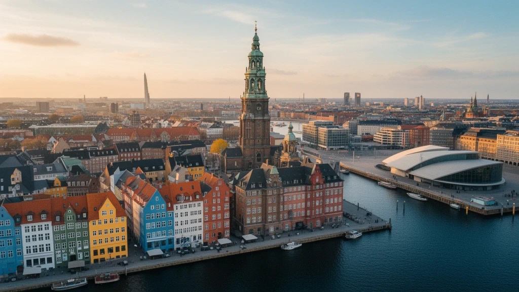 Luftaufnahme der Kopenhagener Skyline mit Nyhavn und Opernhaus zur goldenen Stunde