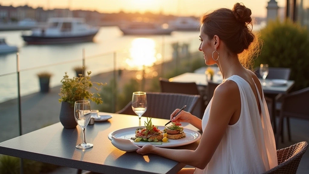 Elegante Frau geniesst New Nordic Cuisine am Wasser in Kopenhagen zur goldenen Stunde
