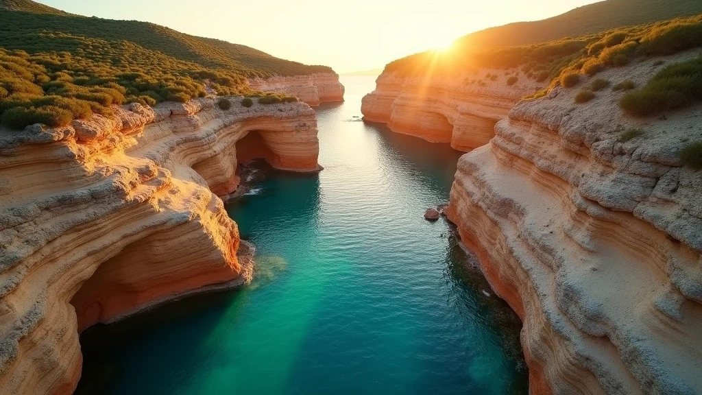 Luftaufnahme des Canal d'Amour in Sidari auf Korfu bei Sonnenaufgang mit Sandsteinformationen