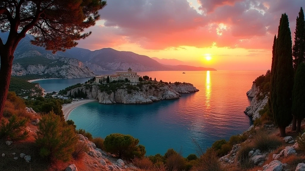 Panorama-Sonnenuntergang über der Bucht von Paleokastritsa auf Korfu mit Kloster-Silhouette