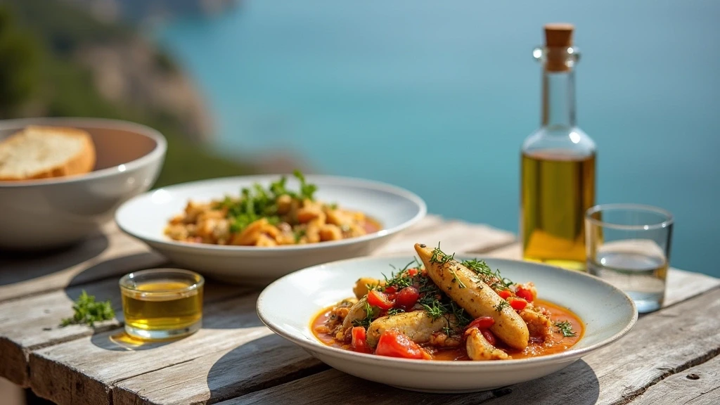 Traditionelle korfiotische Küche mit Sofrito und Bourdeto auf Holztisch mit Meerblick