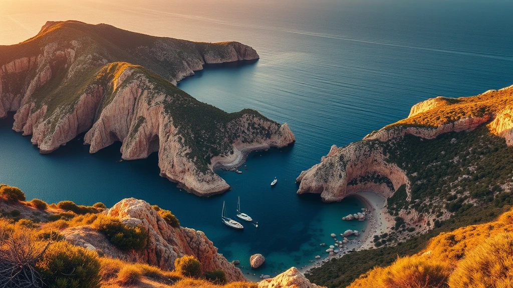 Dramatische Luftaufnahme der Calanques de Piana in Korsika zur goldenen Stunde mit roten Granitfelsen und tuerkisfarbenem Meer