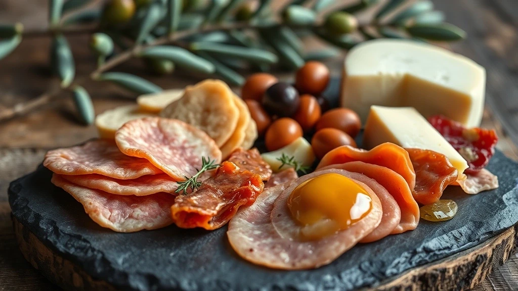 Traditioneller korsischer Charcuterie-Teller mit Prisuttu und Brocciu-Kaese auf rustikalem Holztisch
