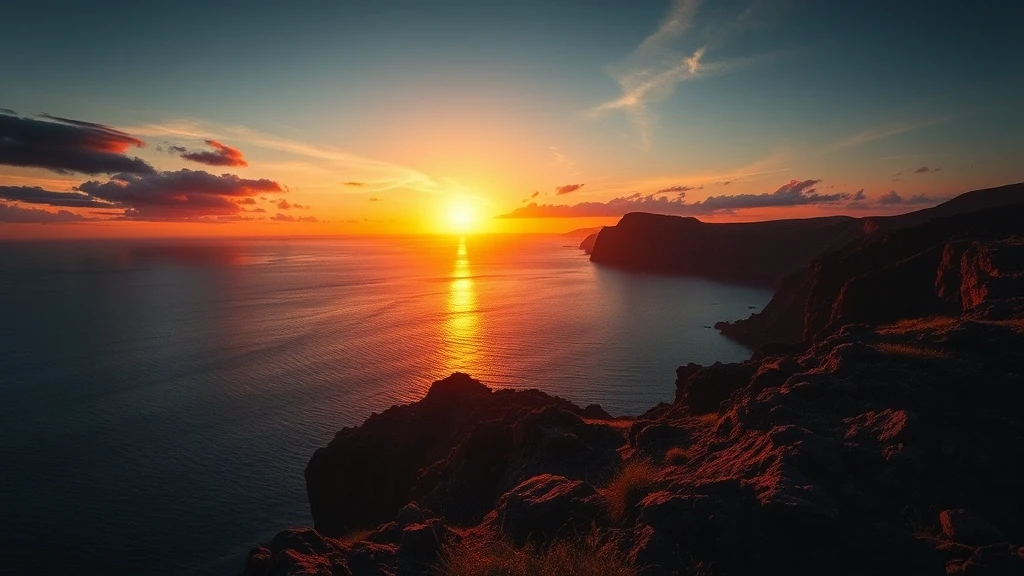 Sonnenuntergang ueber dem Golf von Porto in Korsika mit Scandola-Naturschutzgebiet und roten Felsformationen