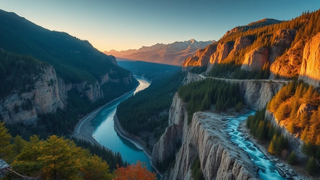 Panoramablick auf das Restonica-Tal in Korsika mit tuerkisfarbenem Fluss und Granitschluchten bei Sonnenuntergang
