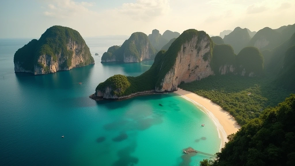 Luftaufnahme der ikonischen Kalksteinfelsen und Railay Beach in Krabi zur goldenen Stunde