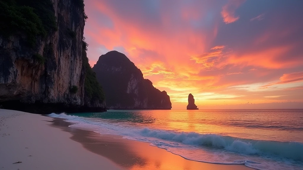Sonnenuntergang am Phra Nang Cave Beach in Krabi mit Kalksteinklippen
