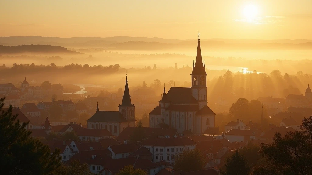 Panoramablick vom Kosciuszko-Huegel auf Krakau zur goldenen Stunde in Polen