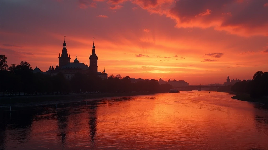 Sonnenuntergang ueber der Weichsel mit Wawel-Schloss-Silhouette in Krakau, Polen
