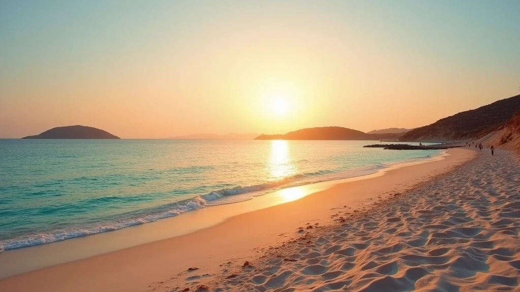 Elafonisi Strand auf Kreta mit rosa Sand und tuerkisfarbenem Wasser zur goldenen Stunde
