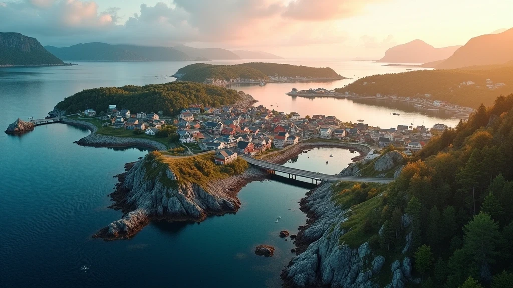 Luftaufnahme des Kristiansund-Archipels mit Bruecken und bunten Haeusern zur goldenen Stunde in Norwegen
