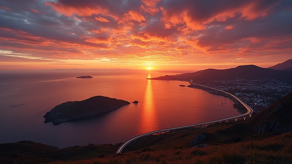 Sonnenuntergang ueber der Atlantikstrasse in Kristiansund mit goldenem Licht und dramatischem Himmel