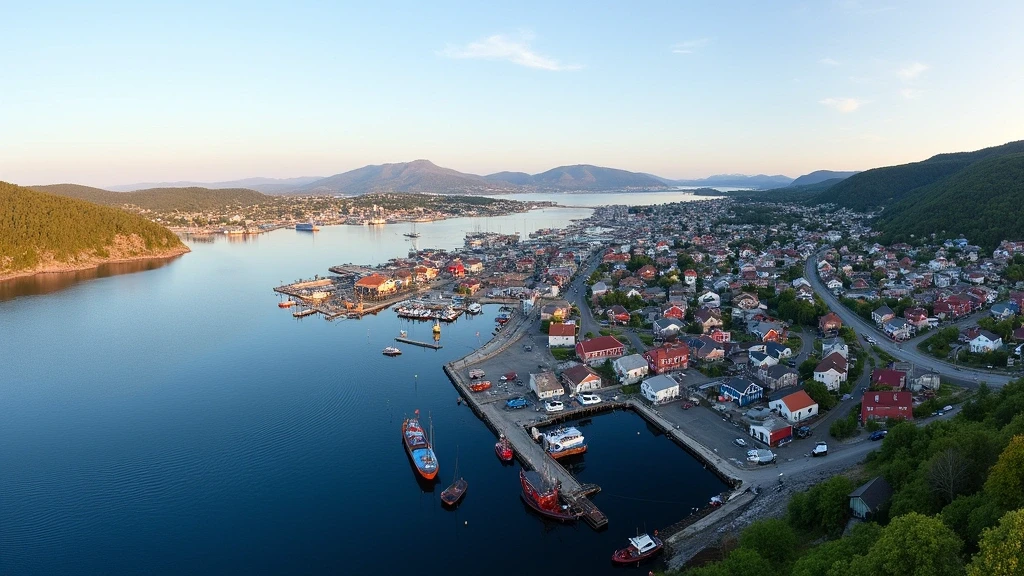Panoramablick auf den Hafen von Kristiansund mit Fischerbooten und bunten Lagerhaeusern