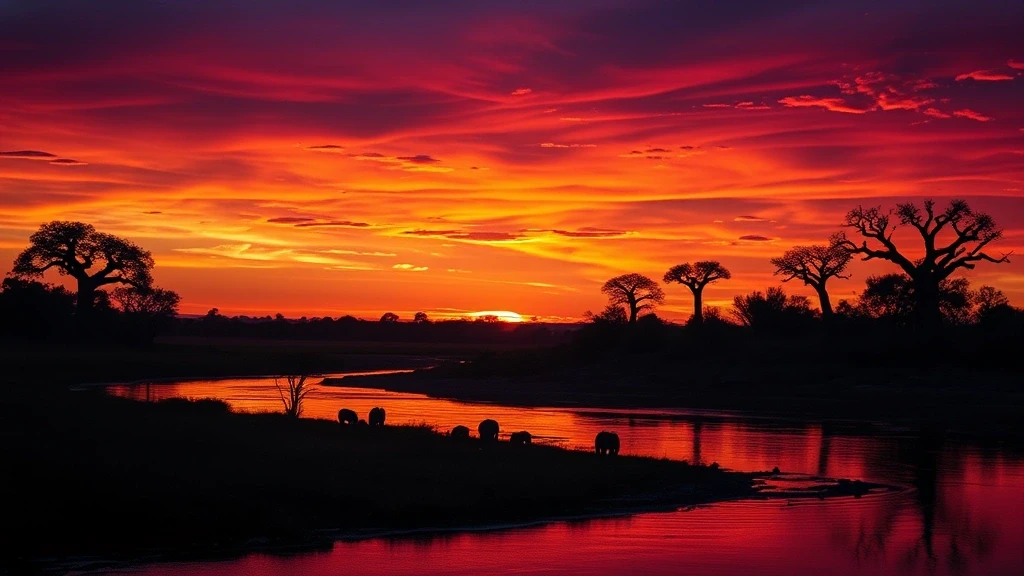 Sonnenuntergang am Sabie Fluss im Krüger Nationalpark mit Elefanten-Silhouetten