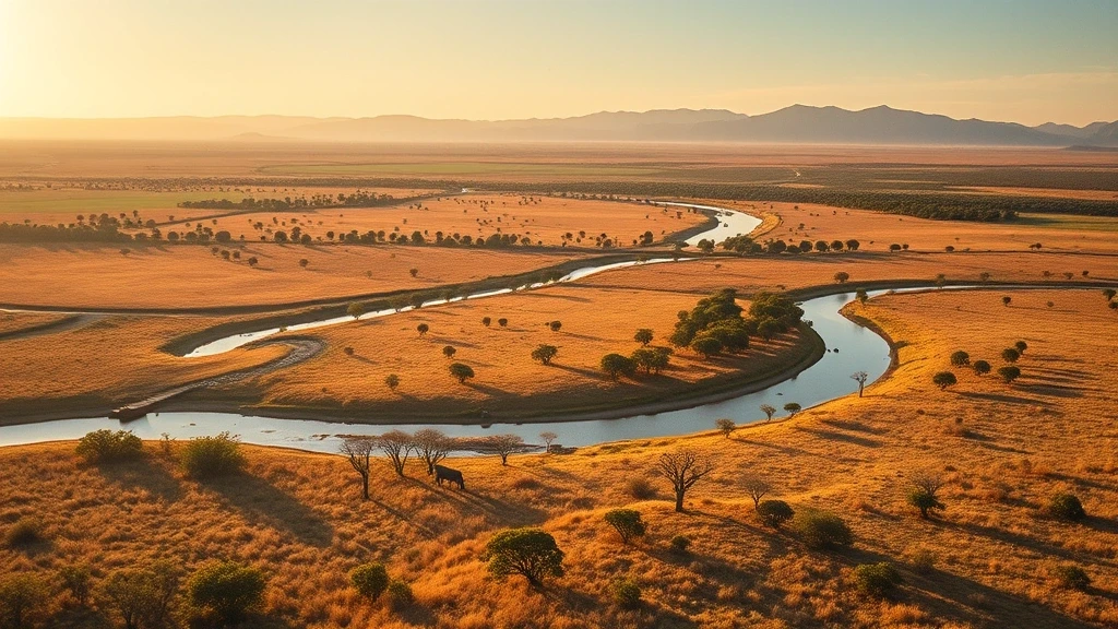 Luftaufnahme der Savannenlandschaft im Krüger Nationalpark zur goldenen Stunde