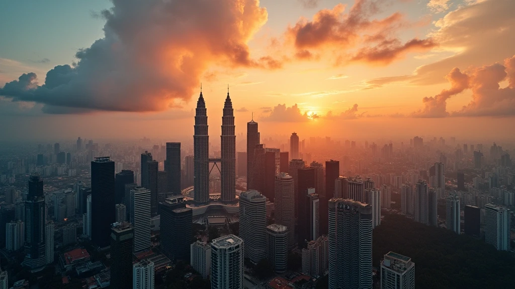 Panoramablick von KL Tower auf Kuala Lumpur Skyline bei Sonnenuntergang mit goldener Stunde