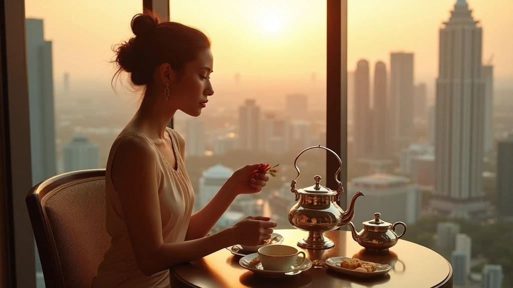 Elegante Frau geniesst malaysischen Nachmittagstee in Kuala Lumpur mit Blick auf die Skyline