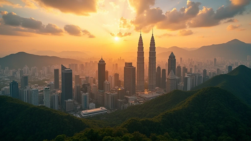 Luftaufnahme der Petronas Twin Towers in Kuala Lumpur bei Sonnenuntergang mit goldener Stunde Beleuchtung