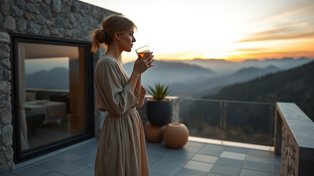 Elegante Frau geniesst Aussicht von Boutique-Hotel-Terrasse in Kuba, Kuba bei Sonnenuntergang