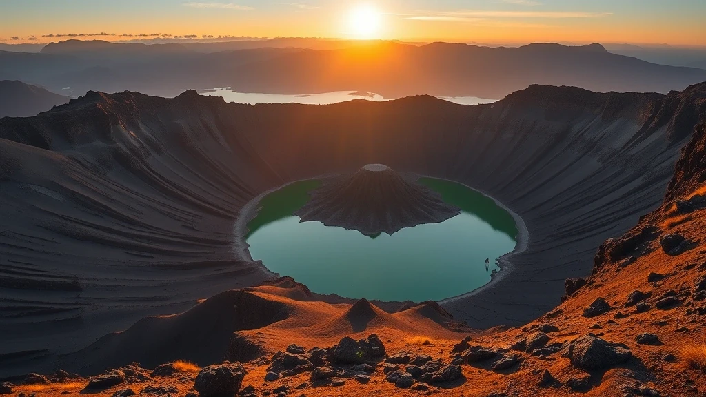 Panoramablick auf einen smaragdgruenen Kratersee in Kuba, Kuba bei Sonnenuntergang