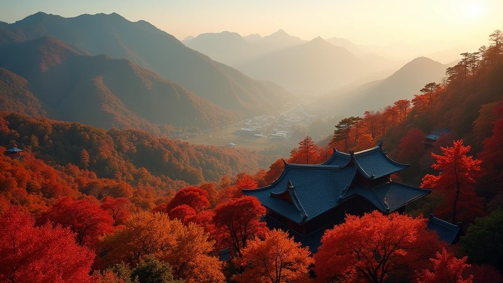 Luftaufnahme des heiligen Berges Kurama mit Herbstlaub und Kurama-dera Tempel zur goldenen Stunde in Japan