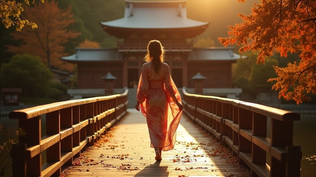 Elegante Frau im Kimono auf Holzbruecke zum Kurama-dera Tempel mit Herbstblaettern in Japan