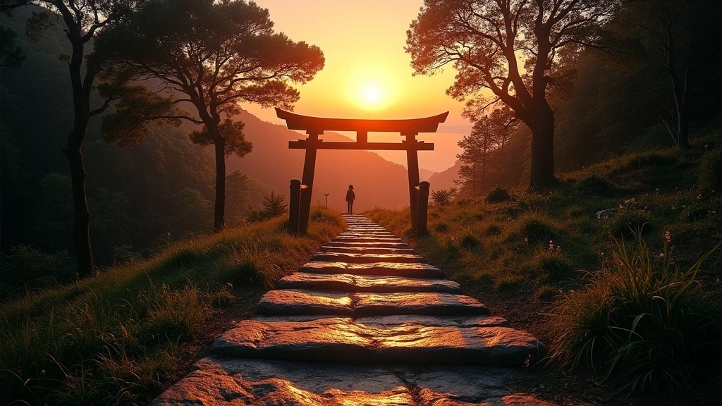 Sonnenuntergang ueber den Kibune-Kurama-Wanderweg mit Steinwegen und Torii-Toren in Japan