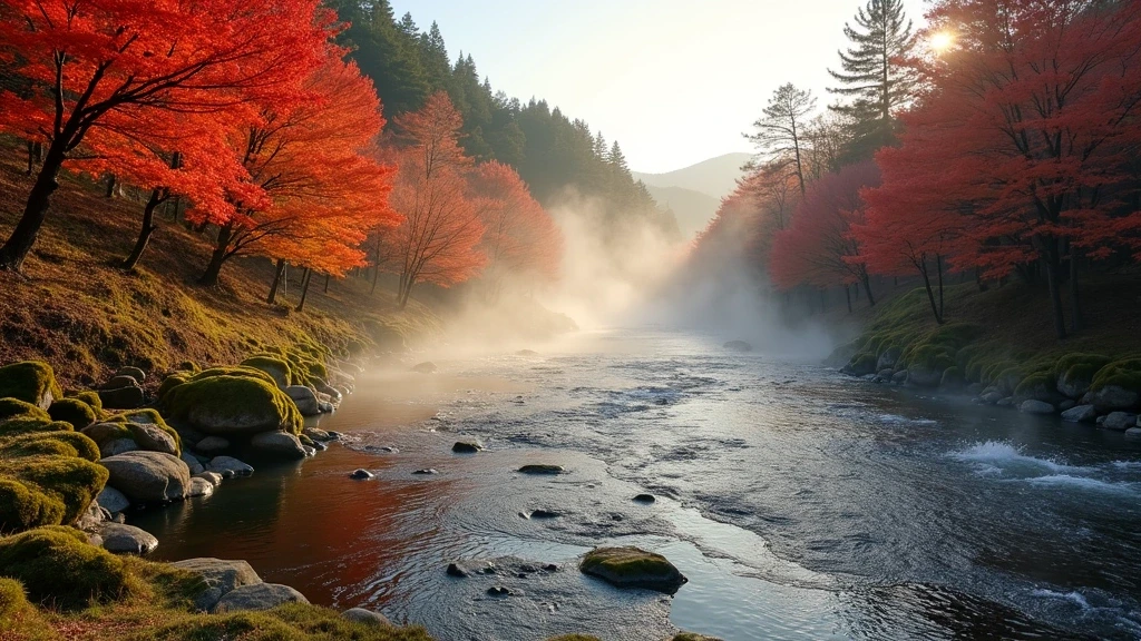 Panoramablick auf den Sainokawara-Park in Kusatsu mit heißen Quellen und Herbstlaub
