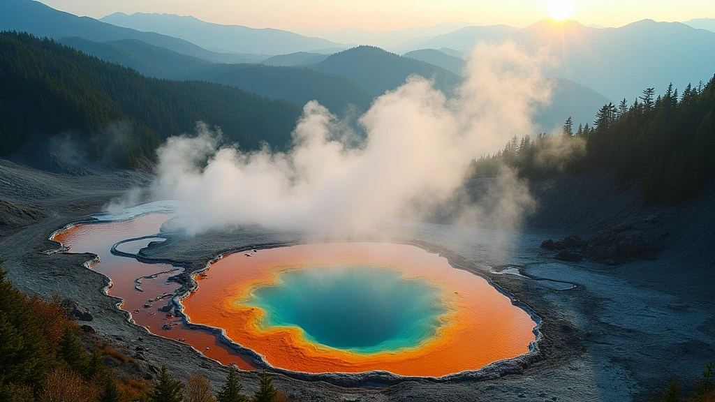 Luftaufnahme der vulkanischen Landschaft von Kusatsu mit heißen Quellen und farbigen Mineralwässern zur goldenen Stunde